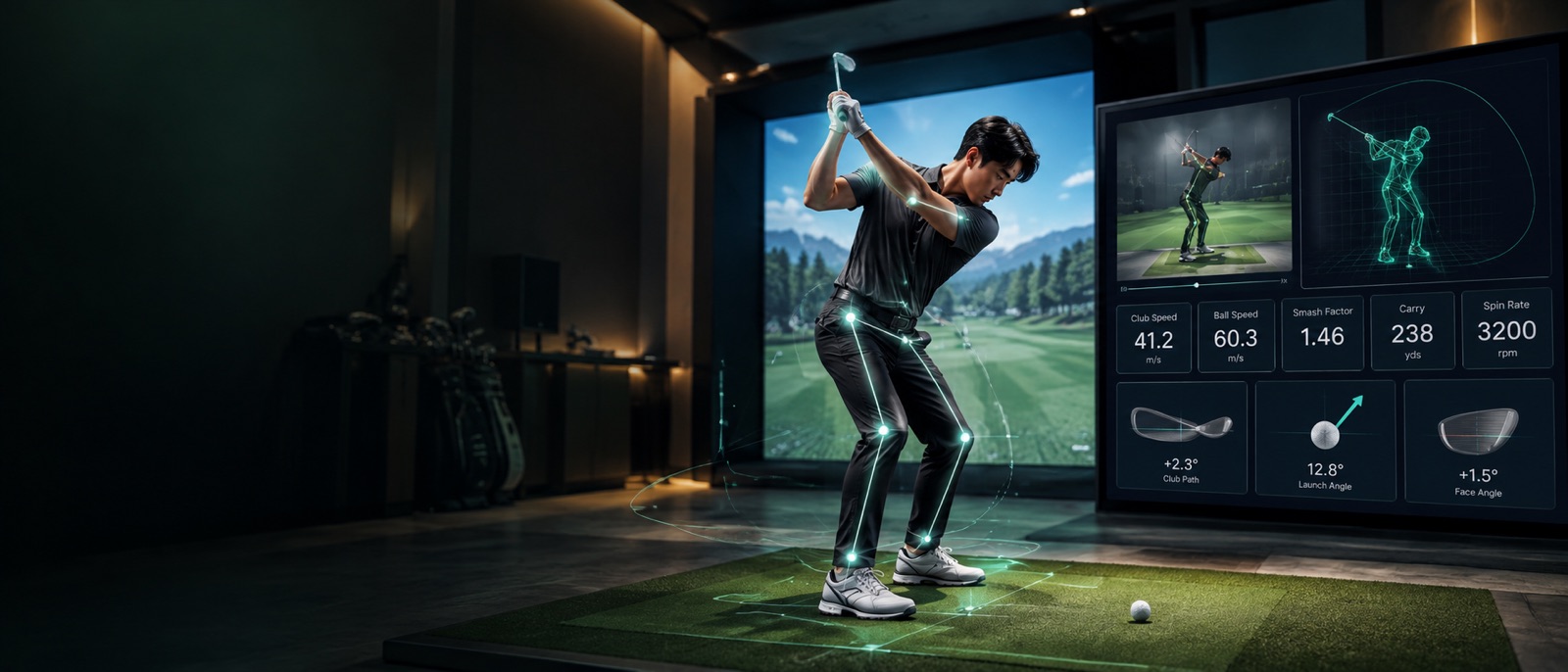 スイングを骨格レベルで解析するAIGIAのイメージ。構える男性と、スイング映像・数値の解析画面